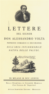 Frontespizio delle Lettere sull’aria infiammabile delle paludi (Milano 1777)