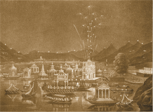 Spettacolo pirotecnico e illuminazione del Lago di Como davanti a Villa Raimondi (Villa Olmo) in onore dell’Imperatore e dell’Imperatrice d’Austria il 28 agosto 1838