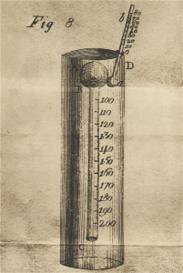 Disegno di termometro per lo studio della dilatazione dell’aria (A. Volta, Memoria sull’uniforme dilatazione dell’aria, dalla Collezione Antinori, Tomo III).