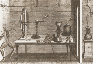 Luigi Galvani, De viribus electricitatis in motu musculari commentarius..., 1792, Tavola II. Esperimento sulle rane in presenza di elettricità atmosferica