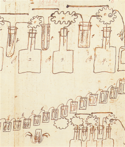 Schizzo schematico della Pila a corona di tazze nella lettera a Marsilio Landriani, post marzo 1801 (Autografo di Volta, Cart. volt. J78 verso, Istituto Lombardo)