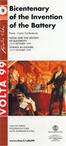 Locandina dei Convegni "Volta and the history of electricity" e "Science as Culture", che si sono tenuti a Pavia e a Como dall’11 al 19 settembre 1999